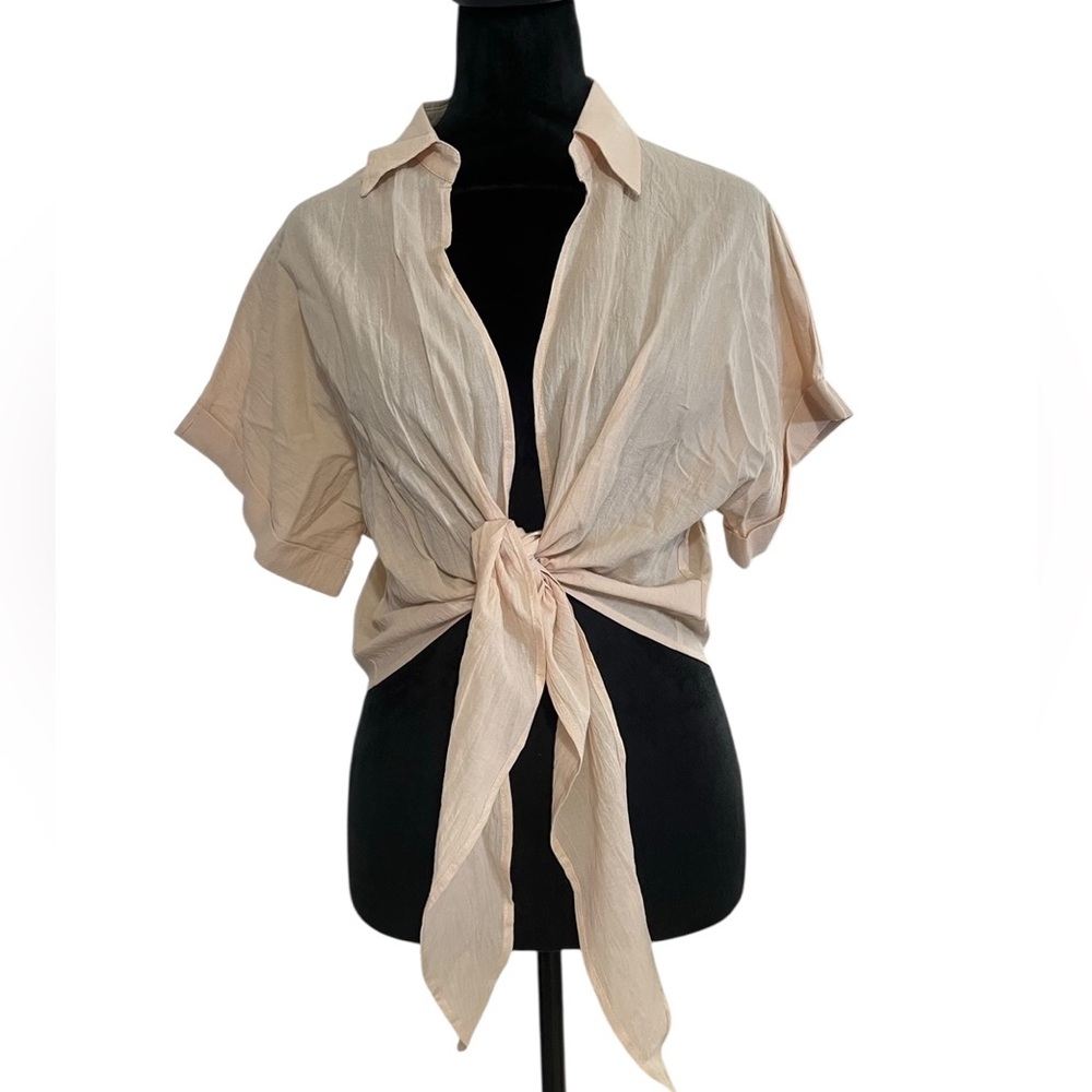 Summer Crop Top Short Sleeve Deep V Neck Sexy Front Tie Blouse,Peach,Large,New - Picture 6 of 6